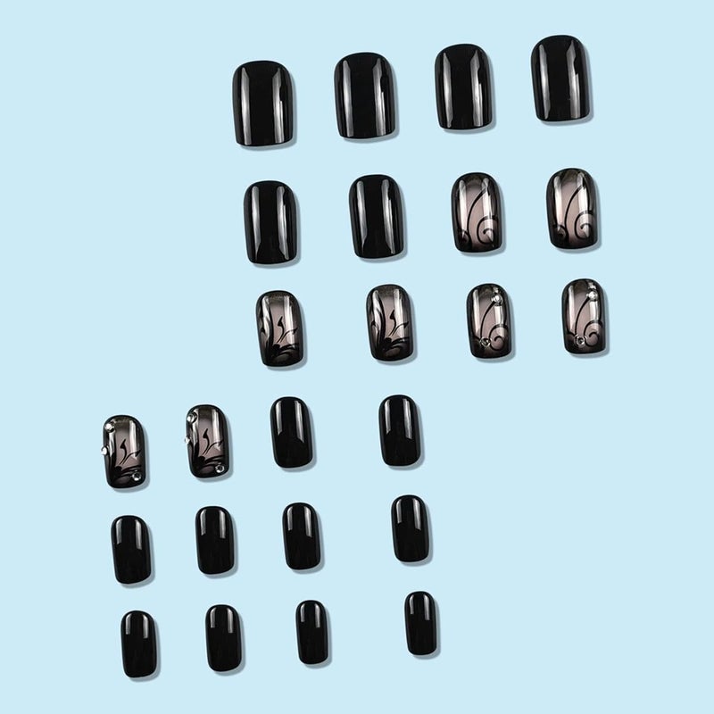 juggssa Black Press on Nails Short Square Fake Nails with Designs Black Vine Acrylic False Nail Kits Glossy Full Cover Spring Winter Glue on Nails with Rhinestone Artificial Stick on Nail for Women 24PCS - Image 2